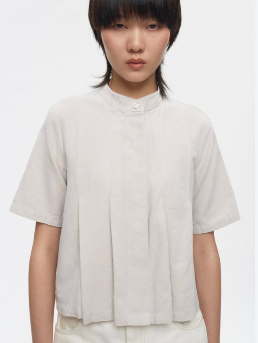 KOTN Pleated Cropped Button Up Shirt